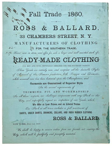 Ross & Ballard broadside advertising clothing for the "Southern Trade"
