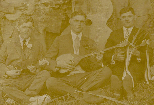 Folk musicians in the weeds with some unusual instruments