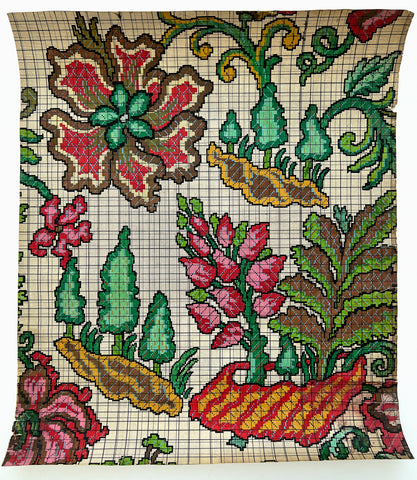Floral/topiary hand-painted "check paper" pattern for Jacquard woven tapestry, France 1911