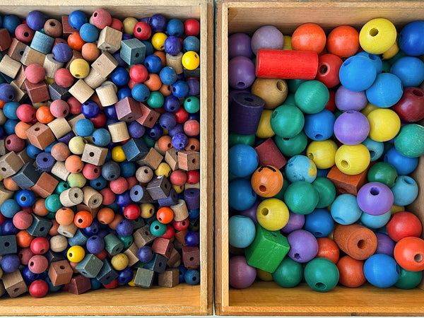 Mrs. Hailmann's Beads #470 (Two sets of wooden beads cubes, spheres, cylinders in original wood boxes)