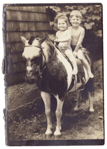 3 photographs of children on/with live/wooden horses