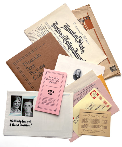 Annual Catalog of the Mountain State Business College [with]  Mountain State Business College Journal "Testimonial Edition" [and] 10 misc items, in original mailing envelope