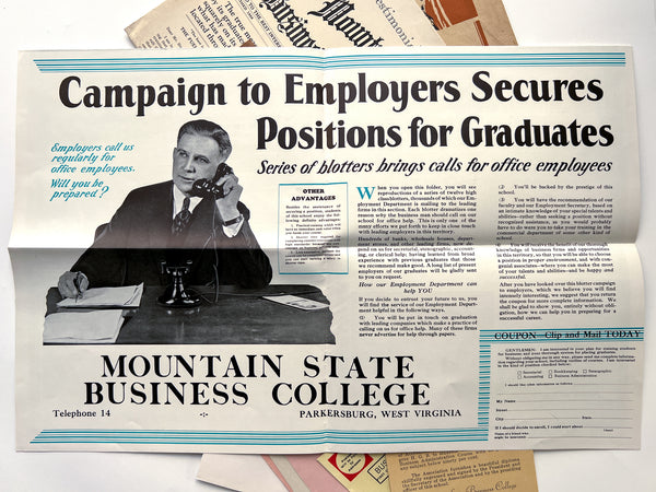 Annual Catalog of the Mountain State Business College [with]  Mountain State Business College Journal "Testimonial Edition" [and] 10 misc items, in original mailing envelope