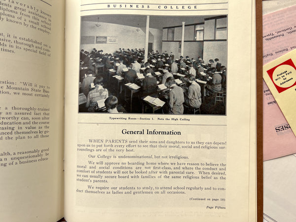 Annual Catalog of the Mountain State Business College [with]  Mountain State Business College Journal "Testimonial Edition" [and] 10 misc items, in original mailing envelope