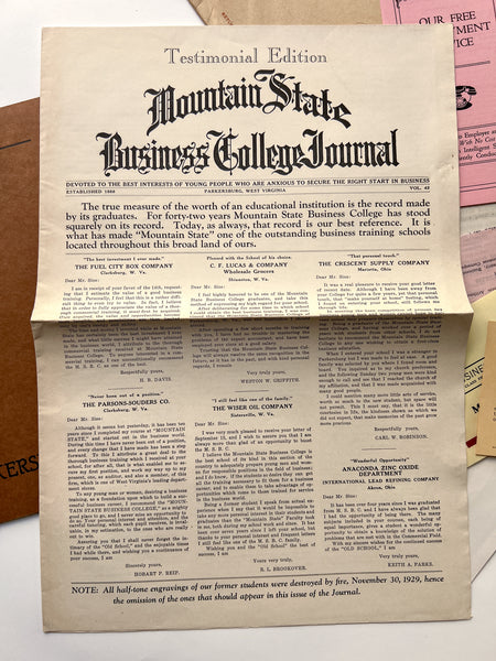 Annual Catalog of the Mountain State Business College [with]  Mountain State Business College Journal "Testimonial Edition" [and] 10 misc items, in original mailing envelope