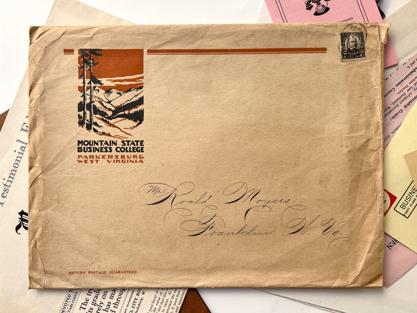 Annual Catalog of the Mountain State Business College [with]  Mountain State Business College Journal "Testimonial Edition" [and] 10 misc items, in original mailing envelope