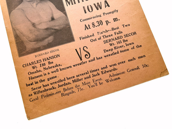 Wrestling! Pictorial broadside advertising Charles Hanson vs Bernard Secor in Millersburg, Iowa, Saturday December 18 [1920]