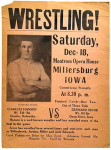 Wrestling! Pictorial broadside advertising Charles Hanson vs Bernard Secor in Millersburg, Iowa, Saturday December 18 [1920]