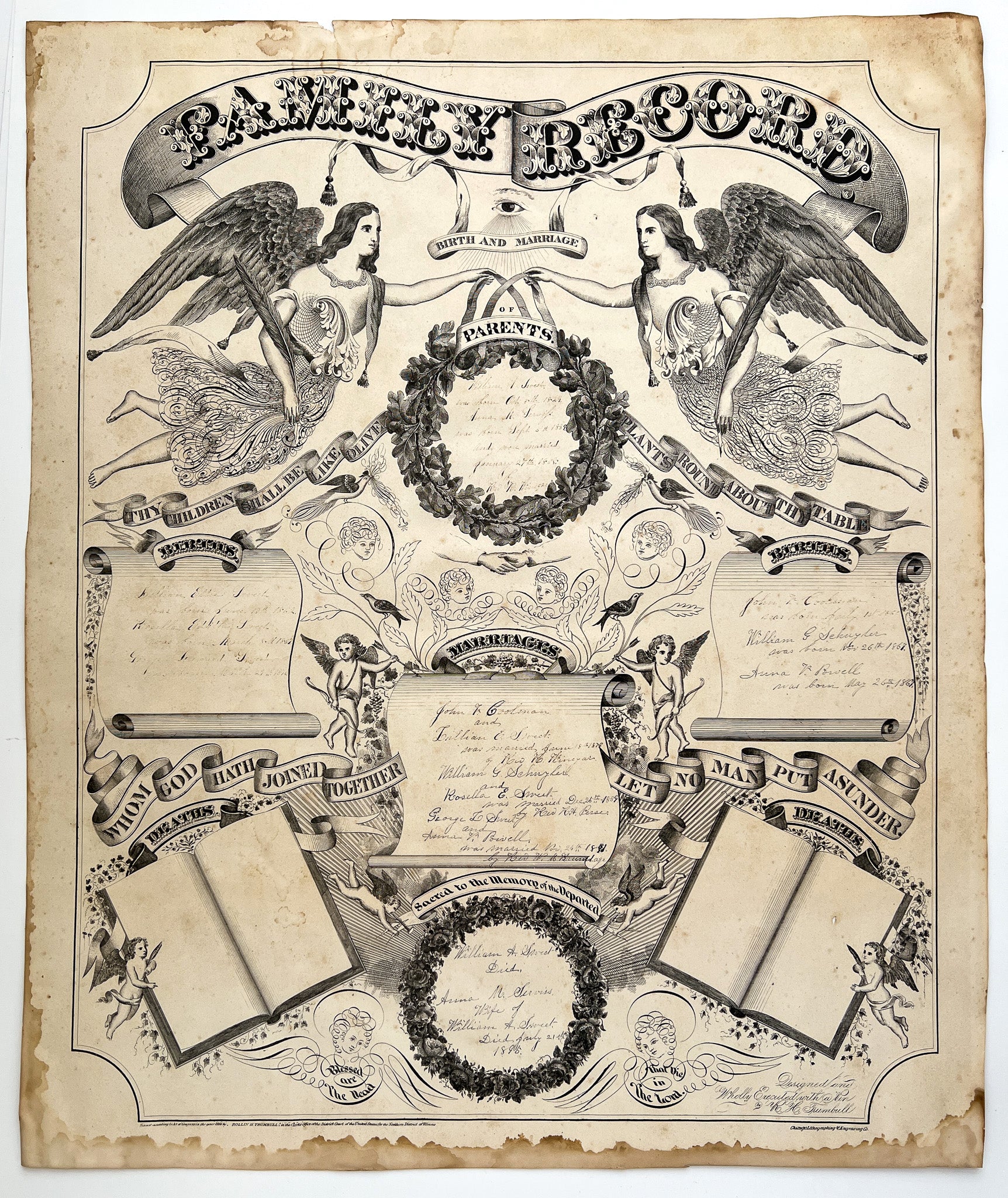 Family Record - large ornate lithograph with calligraphy