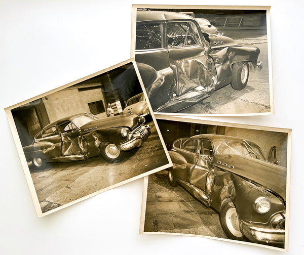 Three 8 x 10 photographs of a wrecked Buick, ca. 1950