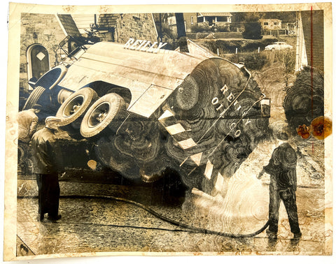 Photograph of an overturned oil truck, 1958