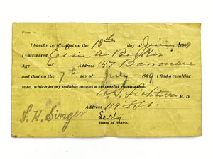 1909 Pennsylvania girl's vaccination card (smallpox vaccine)