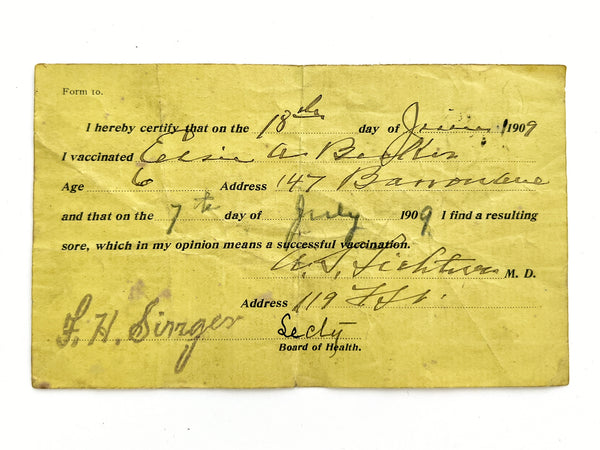 1909 Pennsylvania girl's vaccination card (smallpox vaccine)