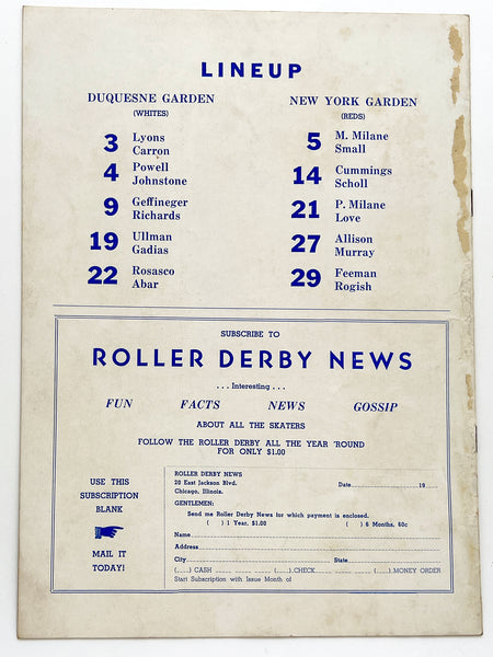 Souvenir Program Roller Derby 1939 Duquesne Garden, Pittsburgh
