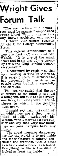 ALS mentioning a lecture at Penn State by Frank Lloyd Wright during which he disparages their campus architecture, 1946