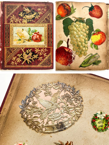 Ca. 1880s scrap book with trade cards, die cuts, chromos, etc.