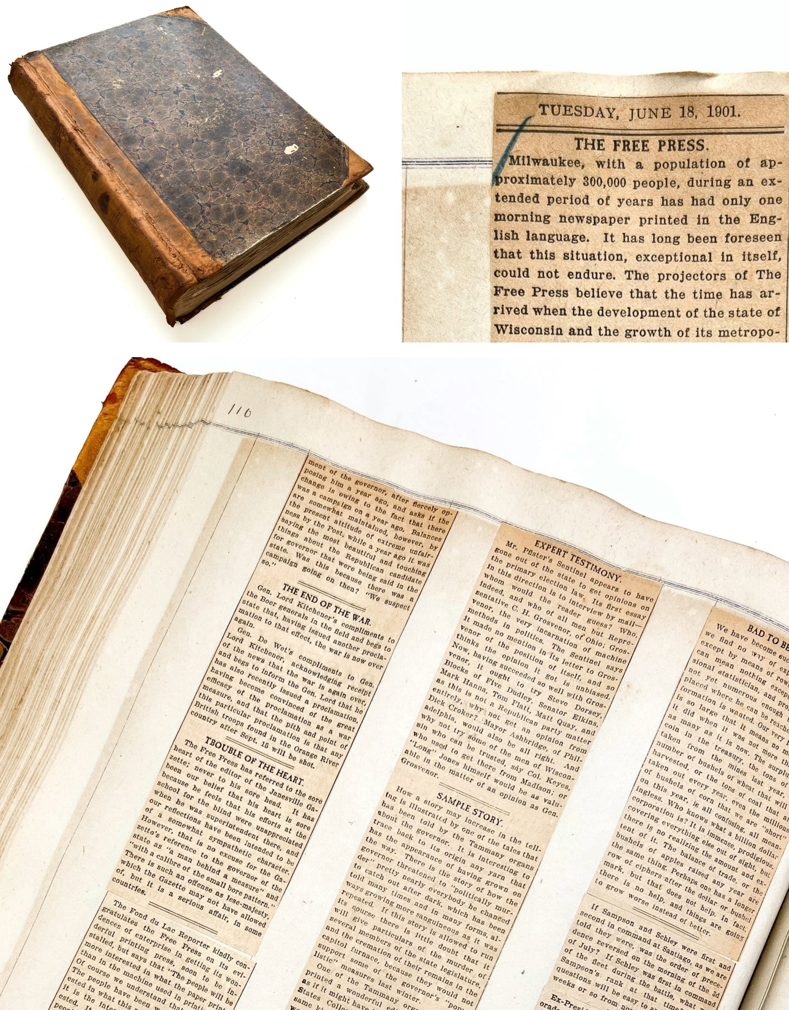 Wisconsin newspaper man's scrapbook 1895-1901, much from the inaugural issues of the Milwaukee 'Free Press'