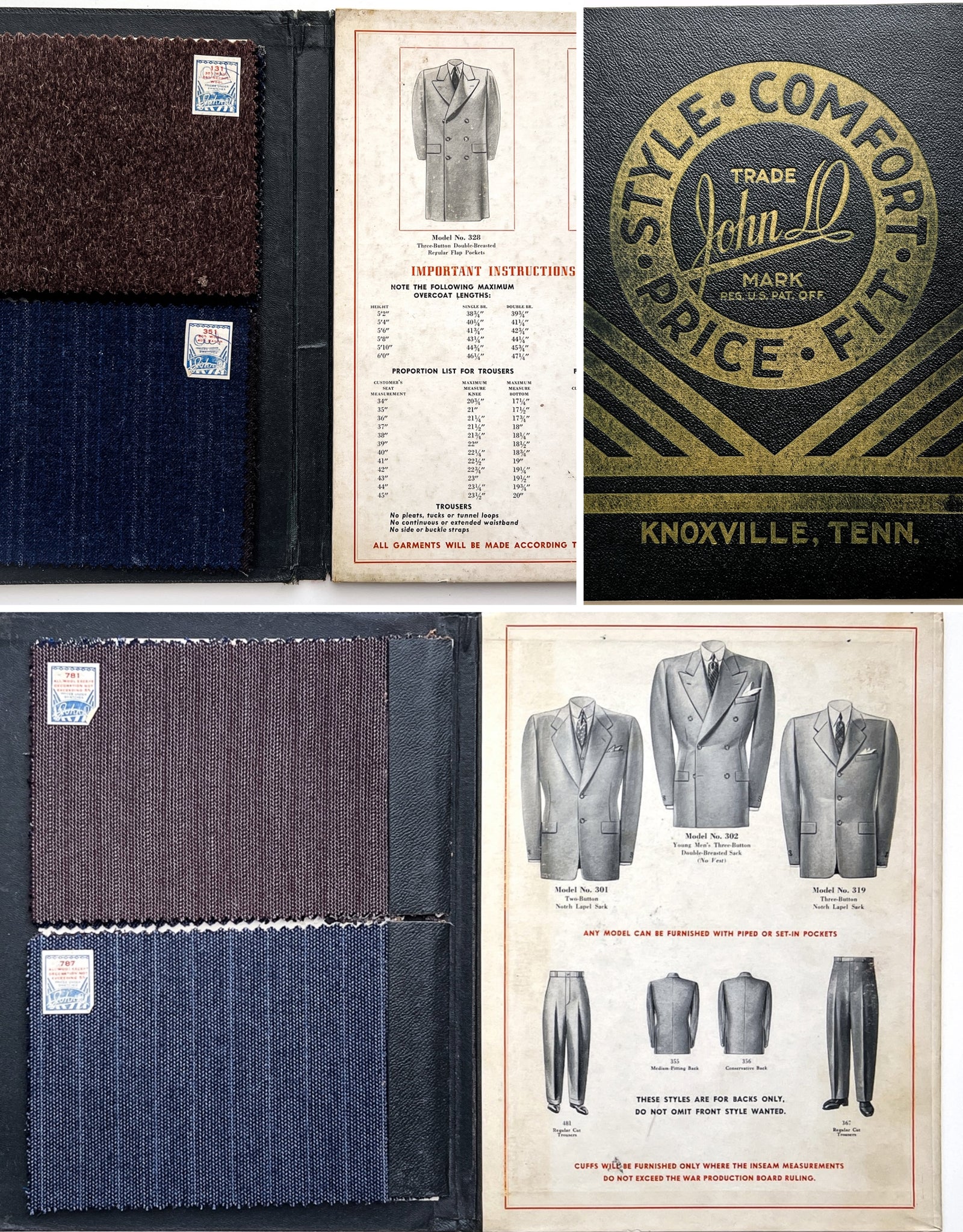 Salesman's sample folio for "John D" custom tailored suits "Style, Comfort, Price, Fit"