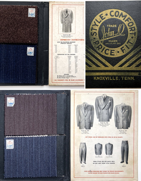 Salesman's sample folio for "John D" custom tailored suits "Style, Comfort, Price, Fit"