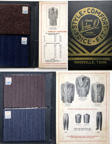 Salesman's sample folio for "John D" custom tailored suits "Style, Comfort, Price, Fit"