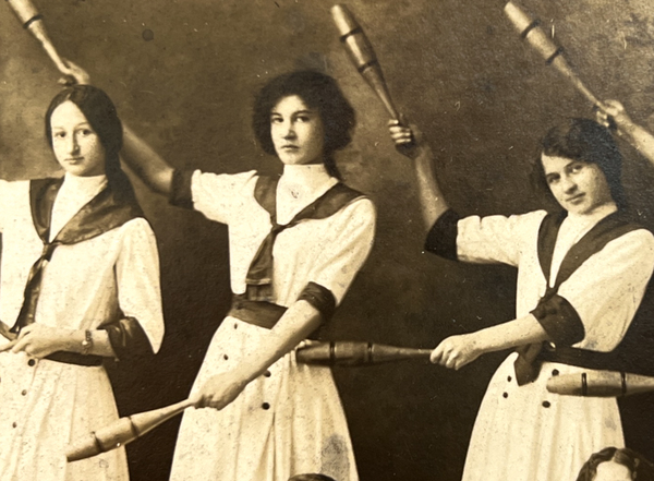 Group photo of teenage girls in an "Indian Club Swinging" troupe, Chicago ca. 1910-20