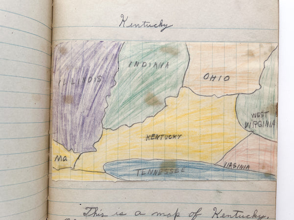 Roy's third grade geography notebook with hand-drawn maps and lots on Kentucky