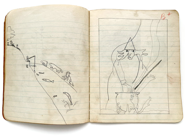 Roy's Fall 1933 4th grade class notebook with lots of drawings (Halloween!)