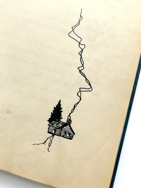 Simple line drawing of a cabin with a tree on a beige background