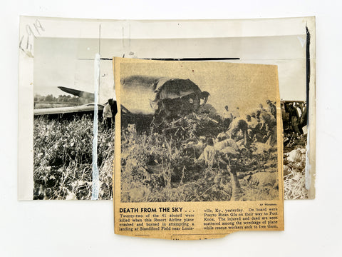 Associated Press photograph of a plane crash (22 dead; September 28, 1953) with publication markups