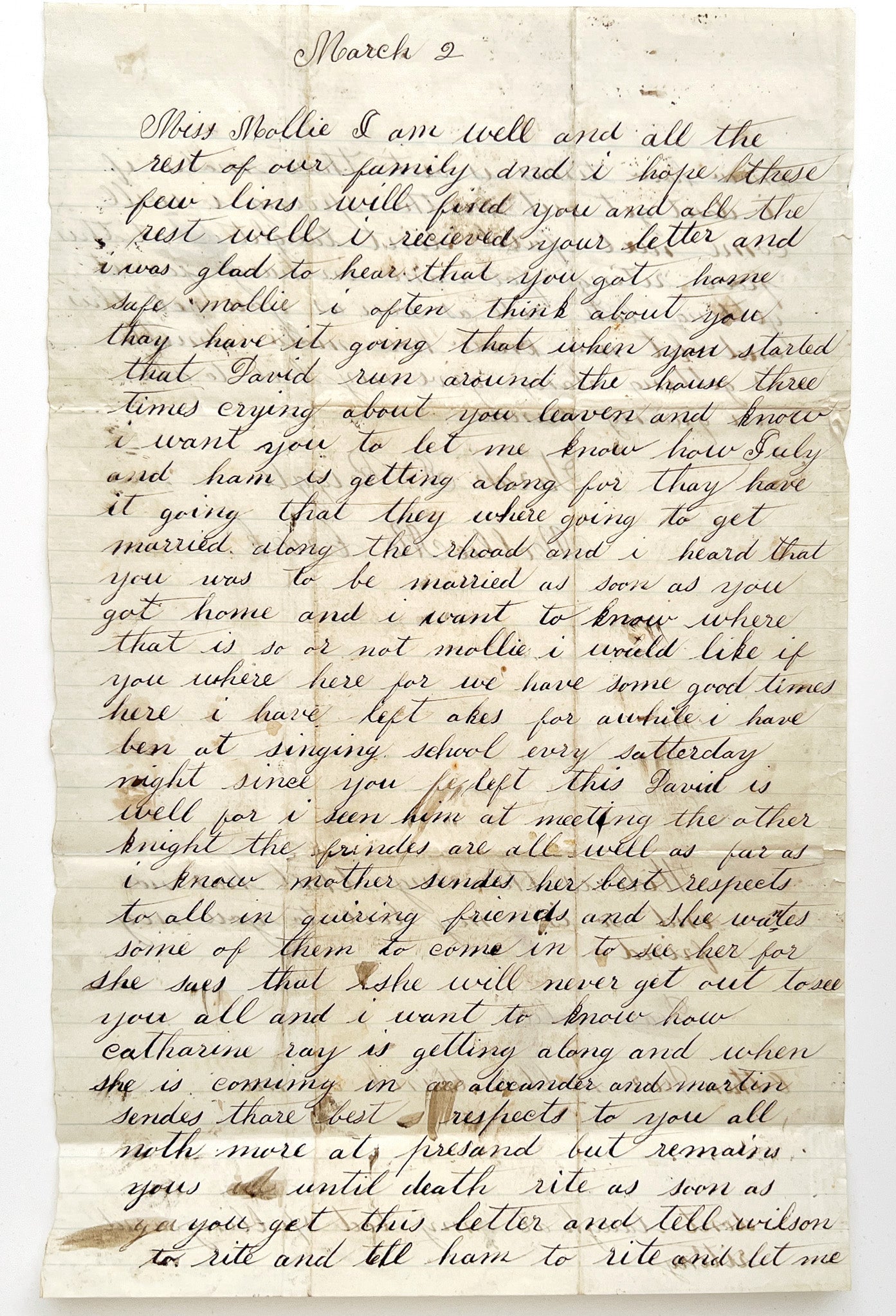 1850s earnest & orthographically dynamic letter from Ms. Sarah Riggle to Mollie