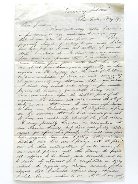 1859 autograph letter from "D. D. Domer" at the Missionary Institute in Selinsgrove, PA