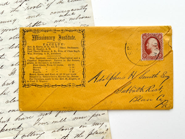 1859 autograph letter from "D. D. Domer" at the Missionary Institute in Selinsgrove, PA