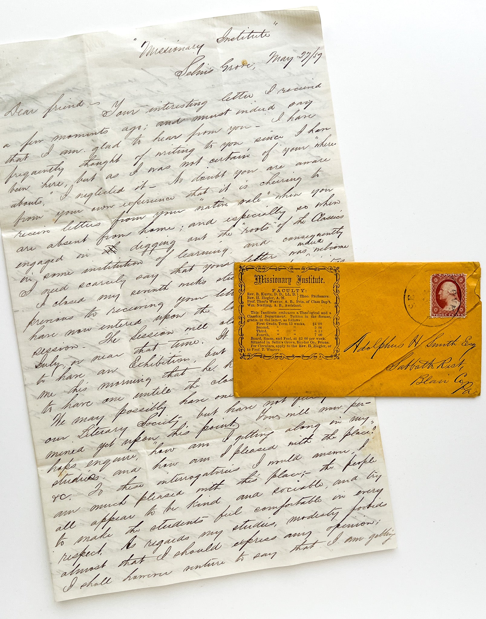 1859 autograph letter from "D. D. Domer" at the Missionary Institute in Selinsgrove, PA