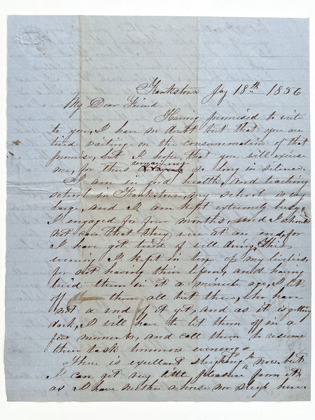 1856 Autograph letter from a bored, celibate man teaching in Blair County, PA, who "might as well be living in a nunnery"