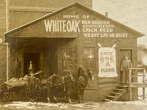 White Oak Milling Co. / Gold Medal Flour advertising barn with horse-drawn wagon, ca. 1908