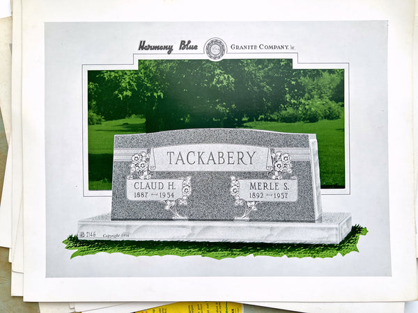 15 large plates of headstone designs by Harmony Blue Granite Co.