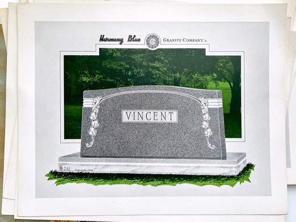 15 large plates of headstone designs by Harmony Blue Granite Co.