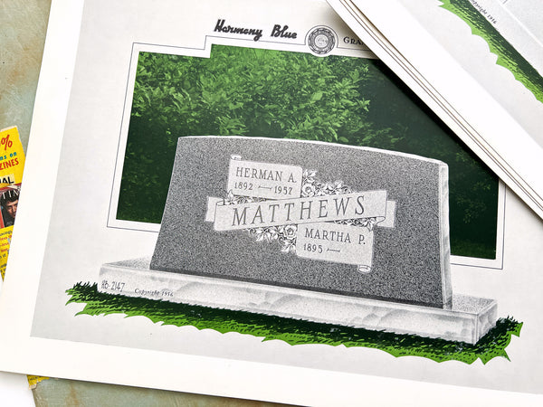 15 large plates of headstone designs by Harmony Blue Granite Co.