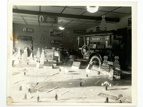 Gallatin Bottling Co. shop display ft. Dodge Brothers Business Car and soda pops (Donora, Pa., ca. 1920s)