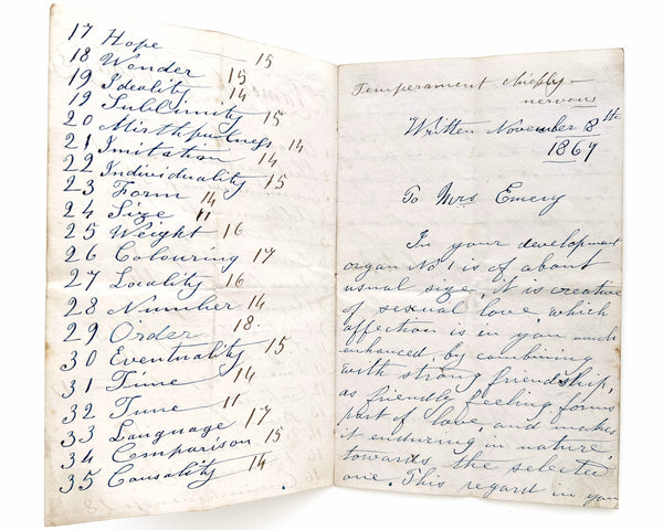 The Phrenological character of Mrs. Emery, “Temperament chiefly nervous” written Nov 8, 1864 (manuscript)