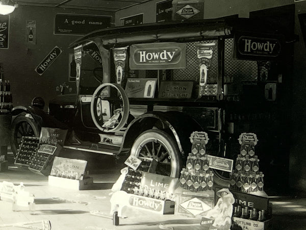 Gallatin Bottling Co. shop display ft. Dodge Brothers Business Car and soda pops (Donora, Pa., ca. 1920s)