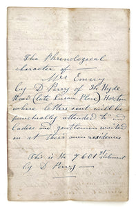The Phrenological character of Mrs. Emery, “Temperament chiefly nervous” written Nov 8, 1864 (manuscript)