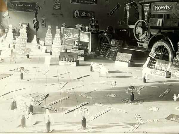 Gallatin Bottling Co. shop display ft. Dodge Brothers Business Car and soda pops (Donora, Pa., ca. 1920s)