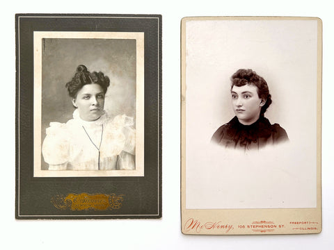 Cabinet cards of two women with their eyes