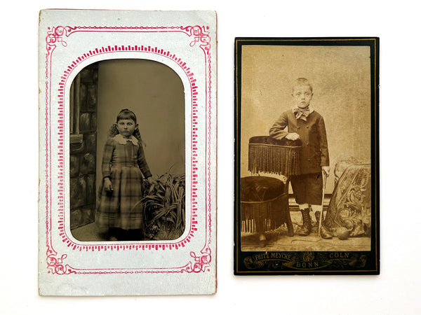 Tintype of a girl and CDV of a boy holding --