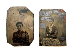 Two disintegrating tintype portraits of women, ca. 1880s