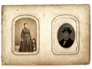 CDV of a girl and tintype of a boy stuck together in a double window mat