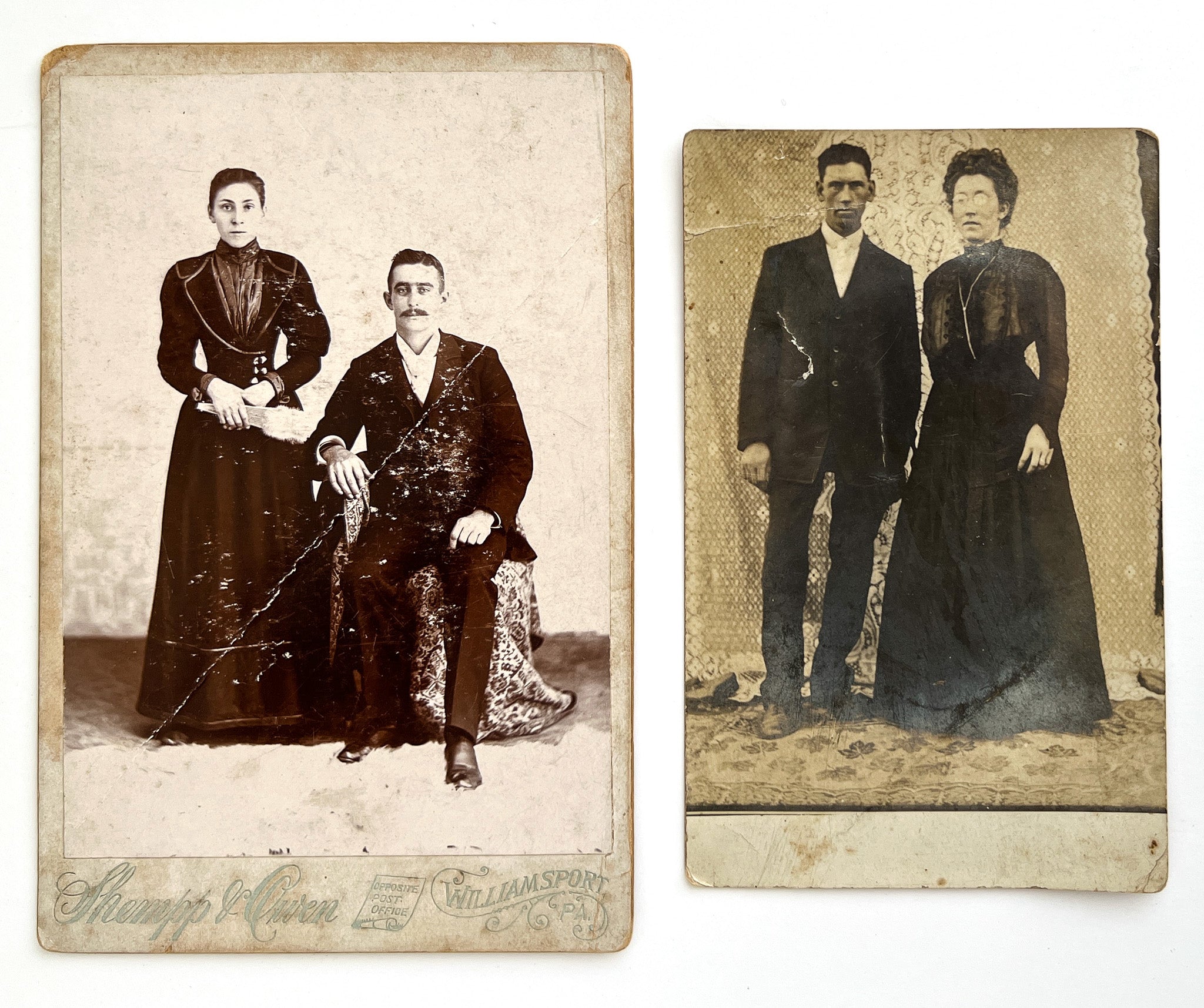 Two late 19c photographs of couples (cabinet card & RPPC)