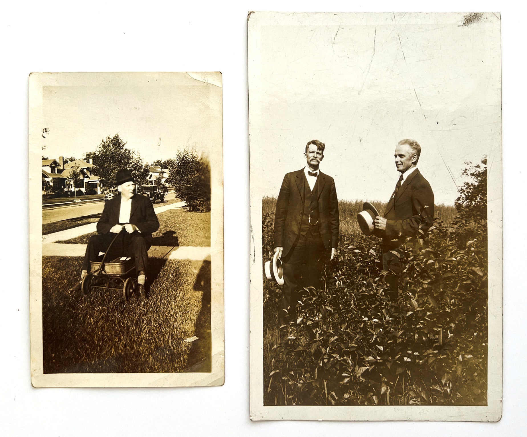 Snapshots of a man on a wagon and two brothers in a field, ca. 1920s