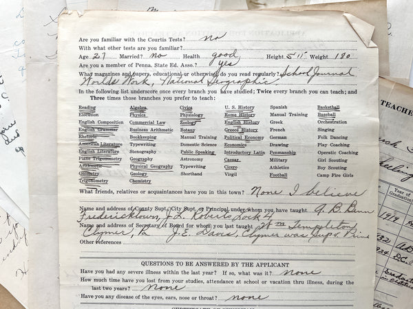 Collection of cover letters and printed applications for teaching positions in Blaine Township, PA, 1931-1932